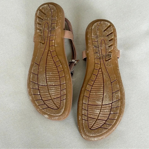 Tan Jewel Embellished Owl Butterfly Pendant Strappy Slip-On Flats Sandals / Sz 8 - Picture 8 of 8